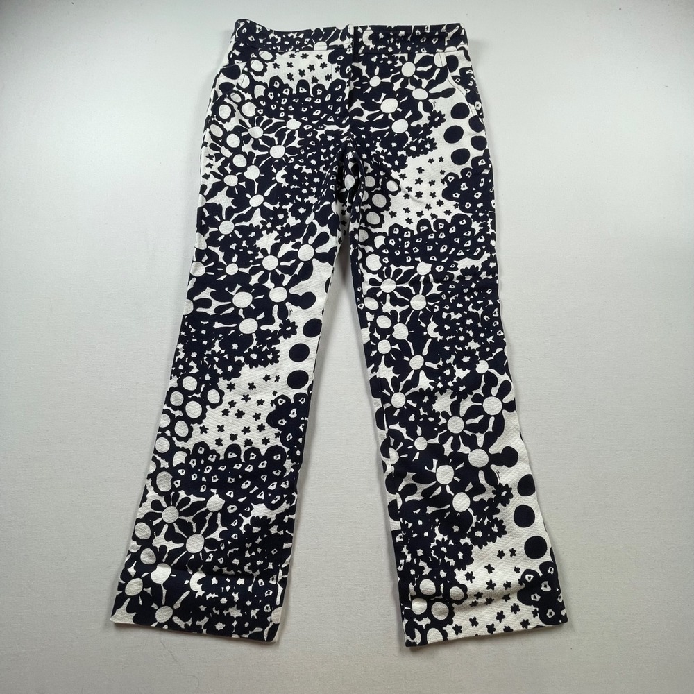 Trina Turk Navy White Floral Daisy Print Straight Leg Trousers Pants Size 2